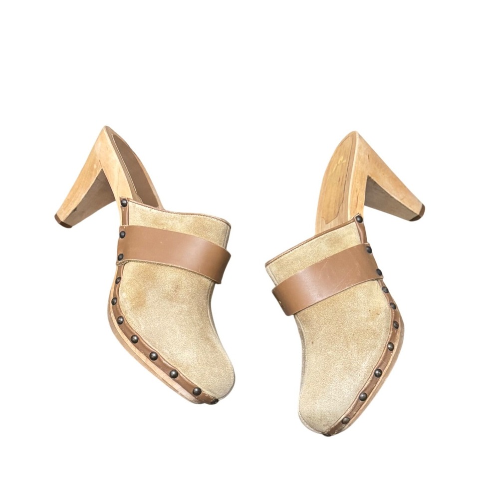 Coach Felicia Suede Wood Mule Clogs Made in Italy Gold Tan Size 10 - Picture 2 of 14